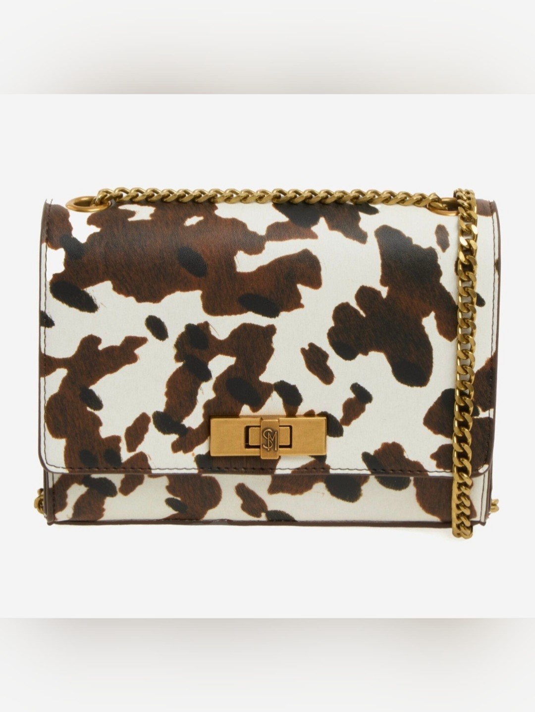 Steve Madden Brown & White Cowhide-Print Crossbody With Gold Chain